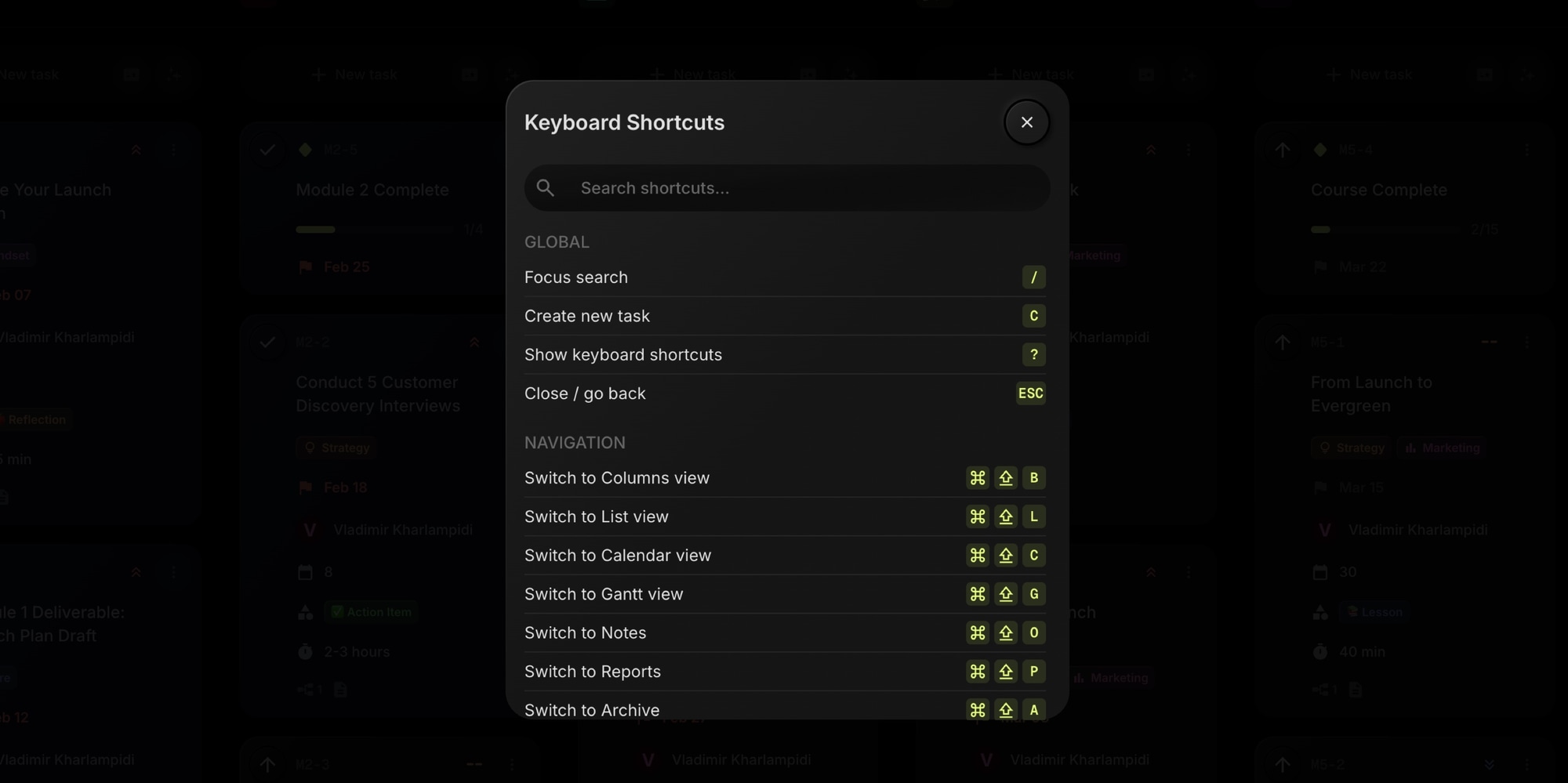 keyboard shortcuts help dialog