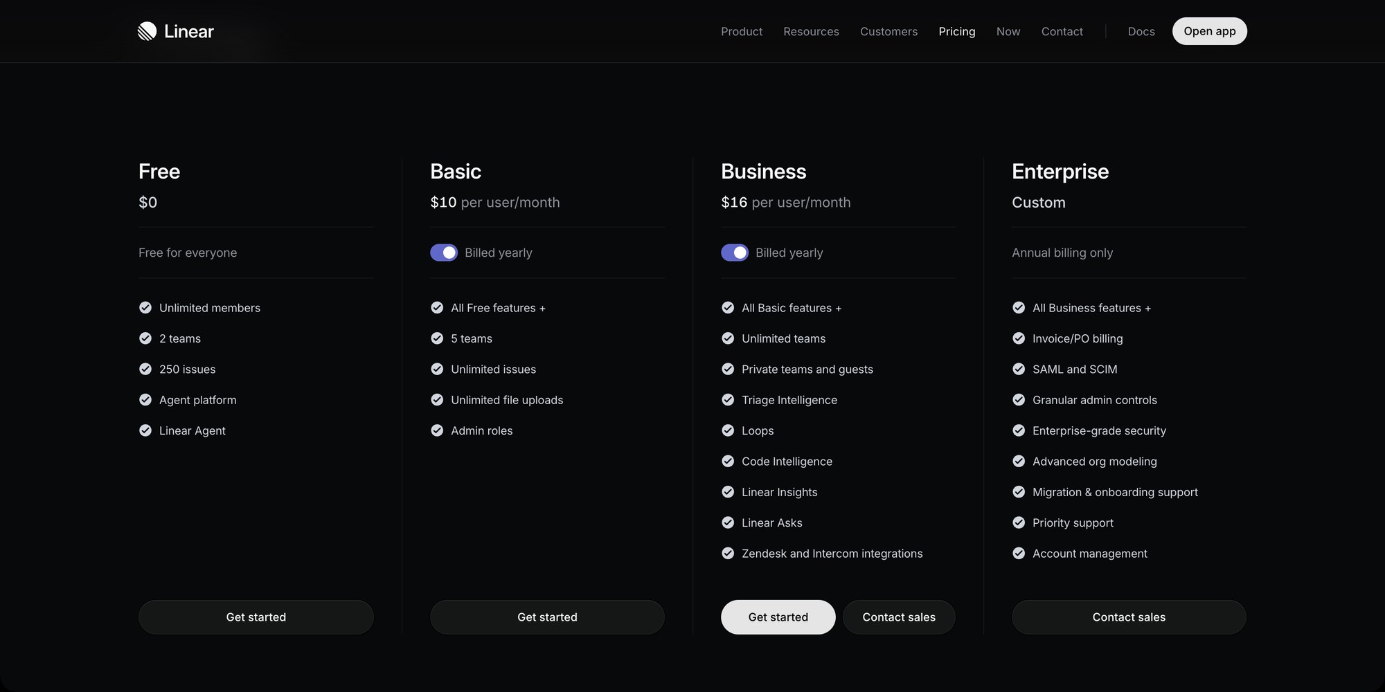 Linear pricing page with yearly billing: Free $0, Basic $10, Business $16, Enterprise custom