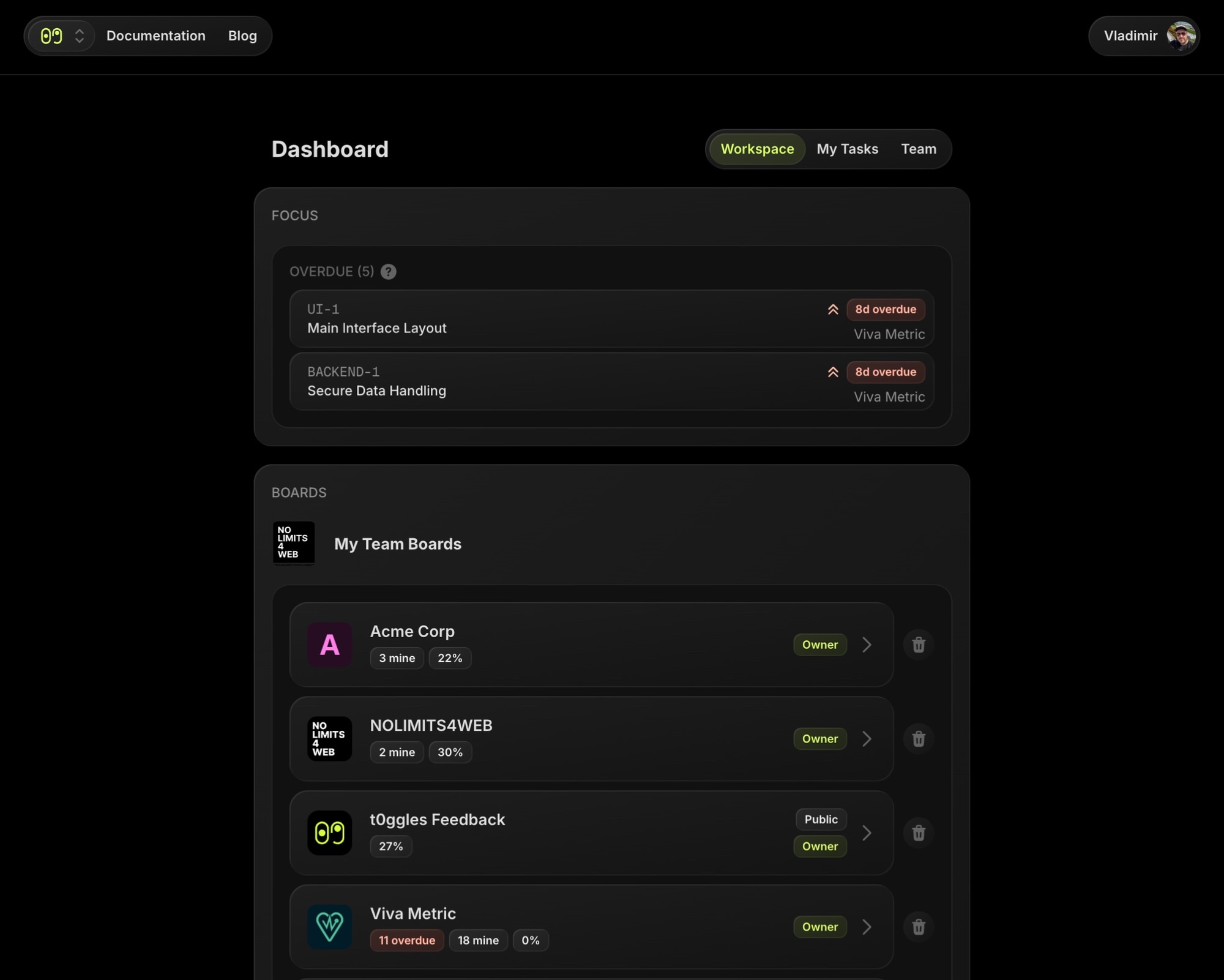 t0ggles dashboard - new design