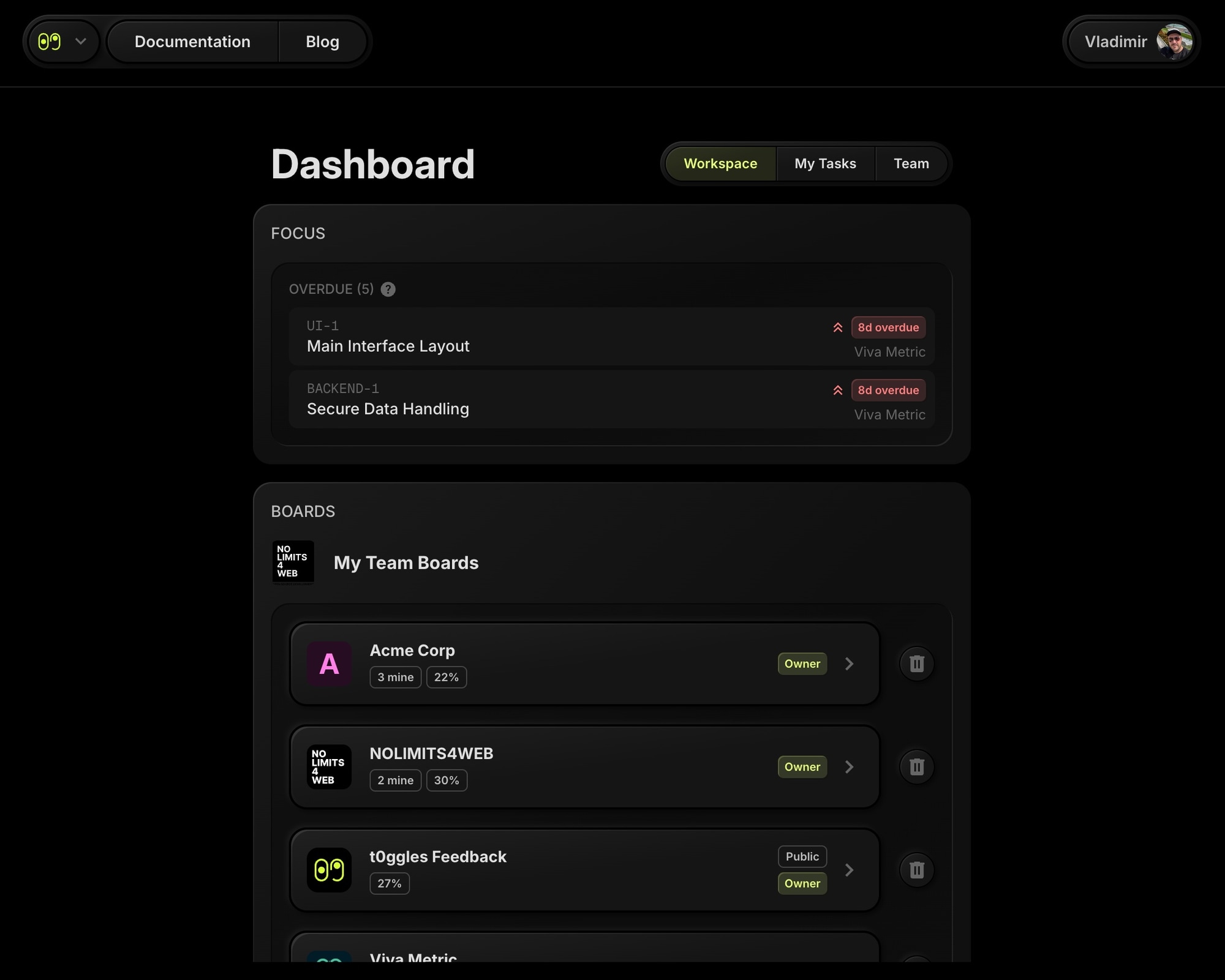 t0ggles dashboard - previous design