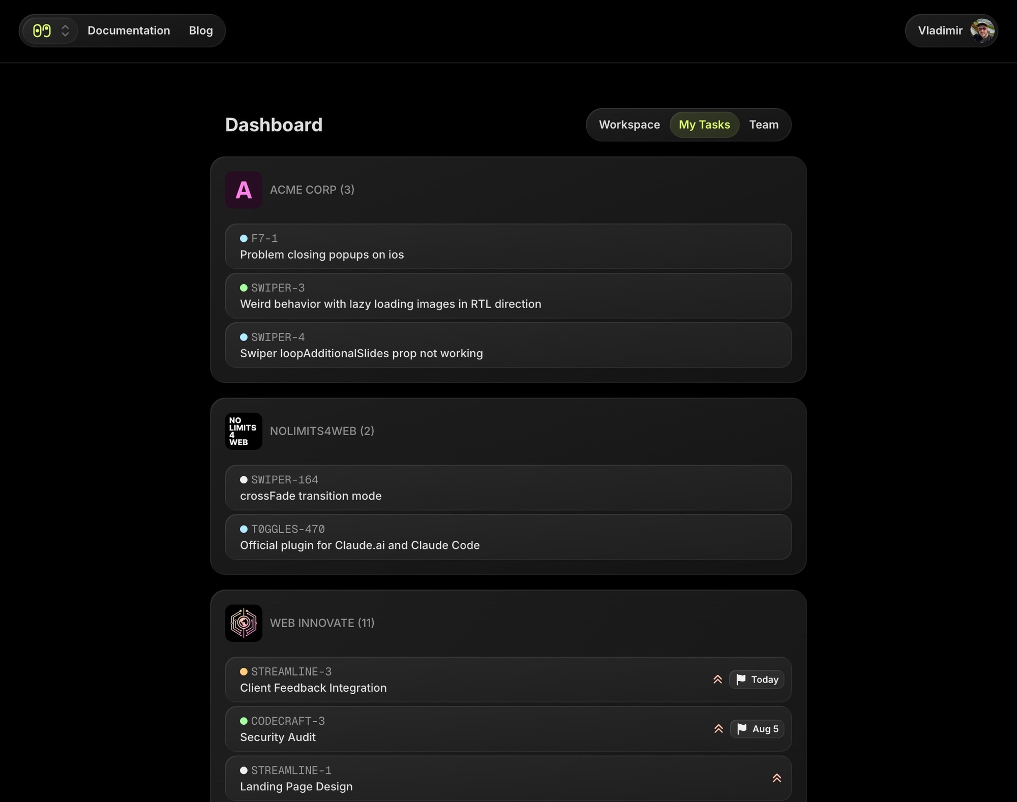t0ggles My Tasks view - new design