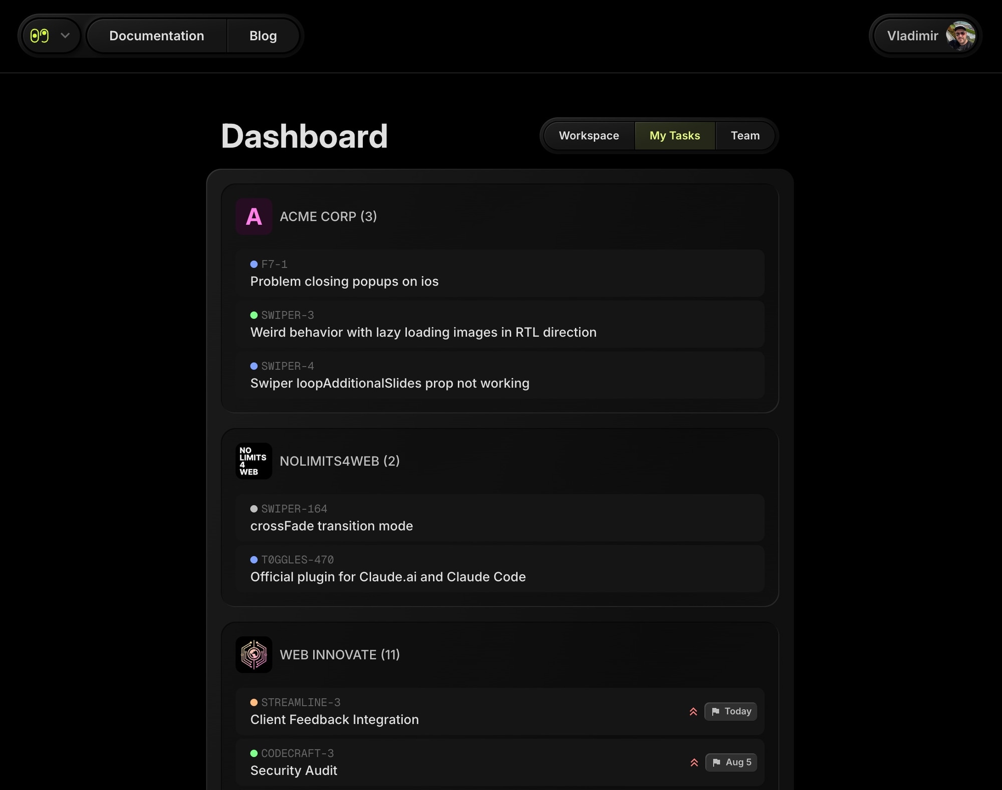t0ggles My Tasks view - previous design