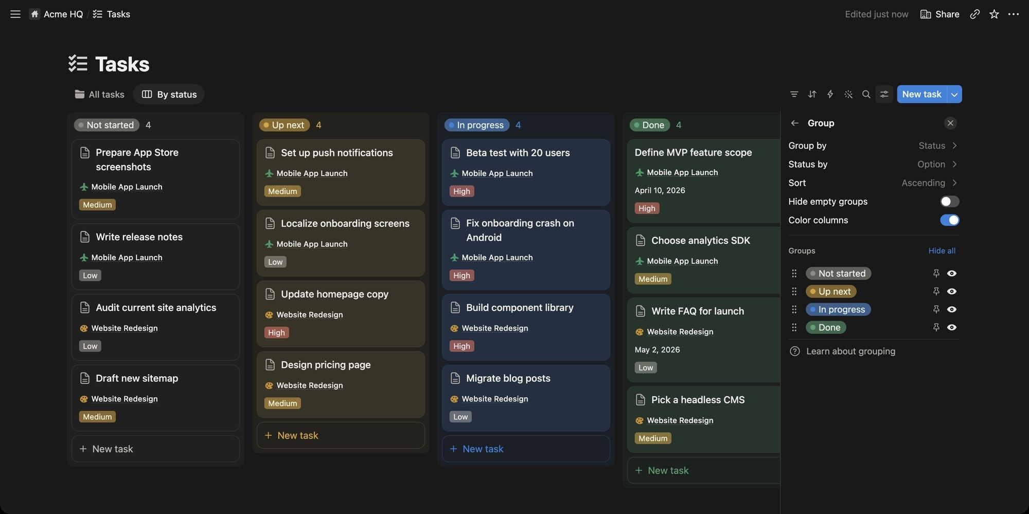 Notion Group settings panel with Group by, Sort, Hide empty groups, Color columns and a list of groups with pin and visibility toggles