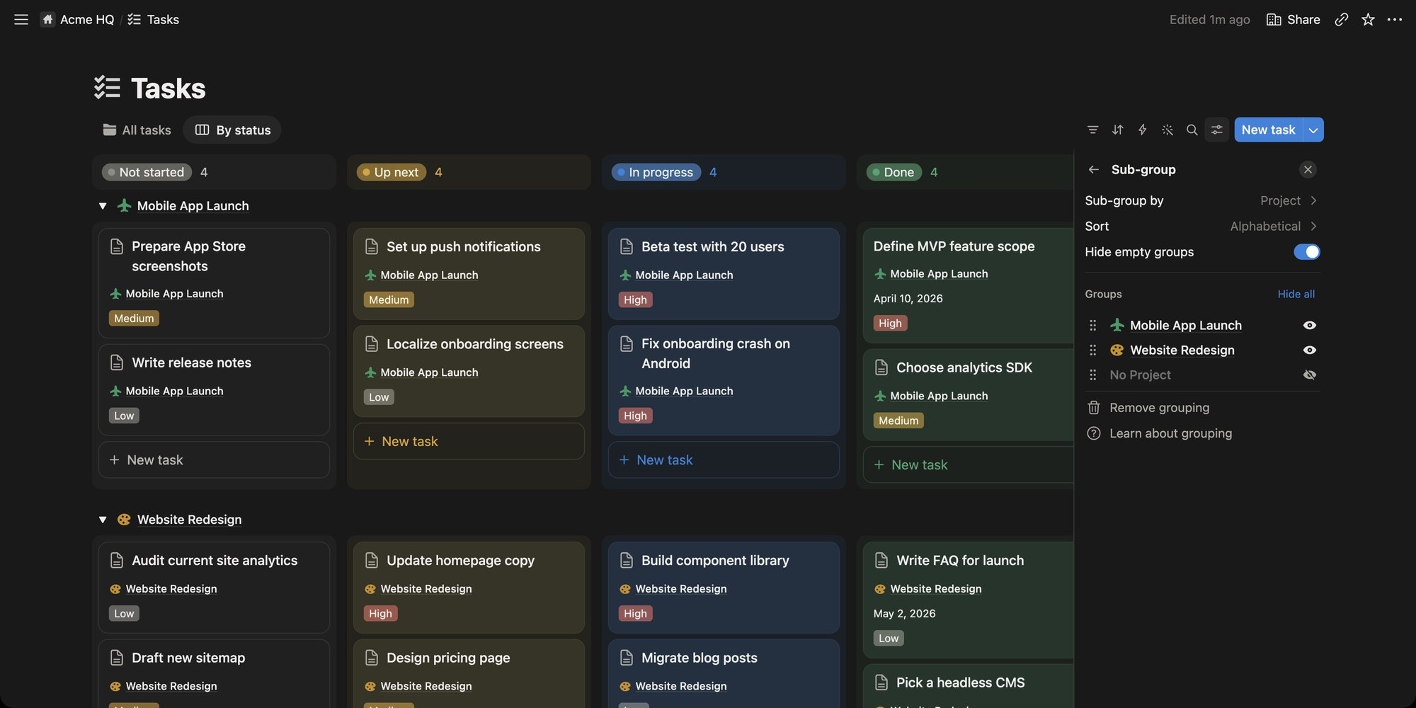 Notion board sub-grouped by Project, with a Mobile App Launch lane and a Website Redesign lane crossing the status columns, and the Sub-group settings panel open