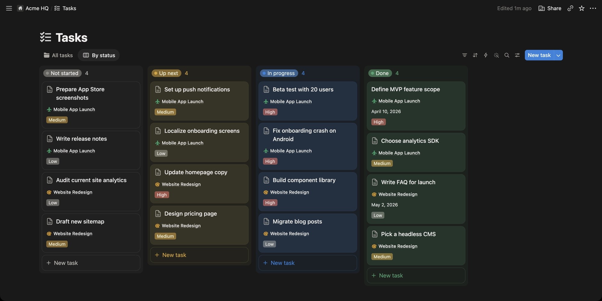 A Notion board view grouped by Status with Not started, Up next, In progress and Done columns