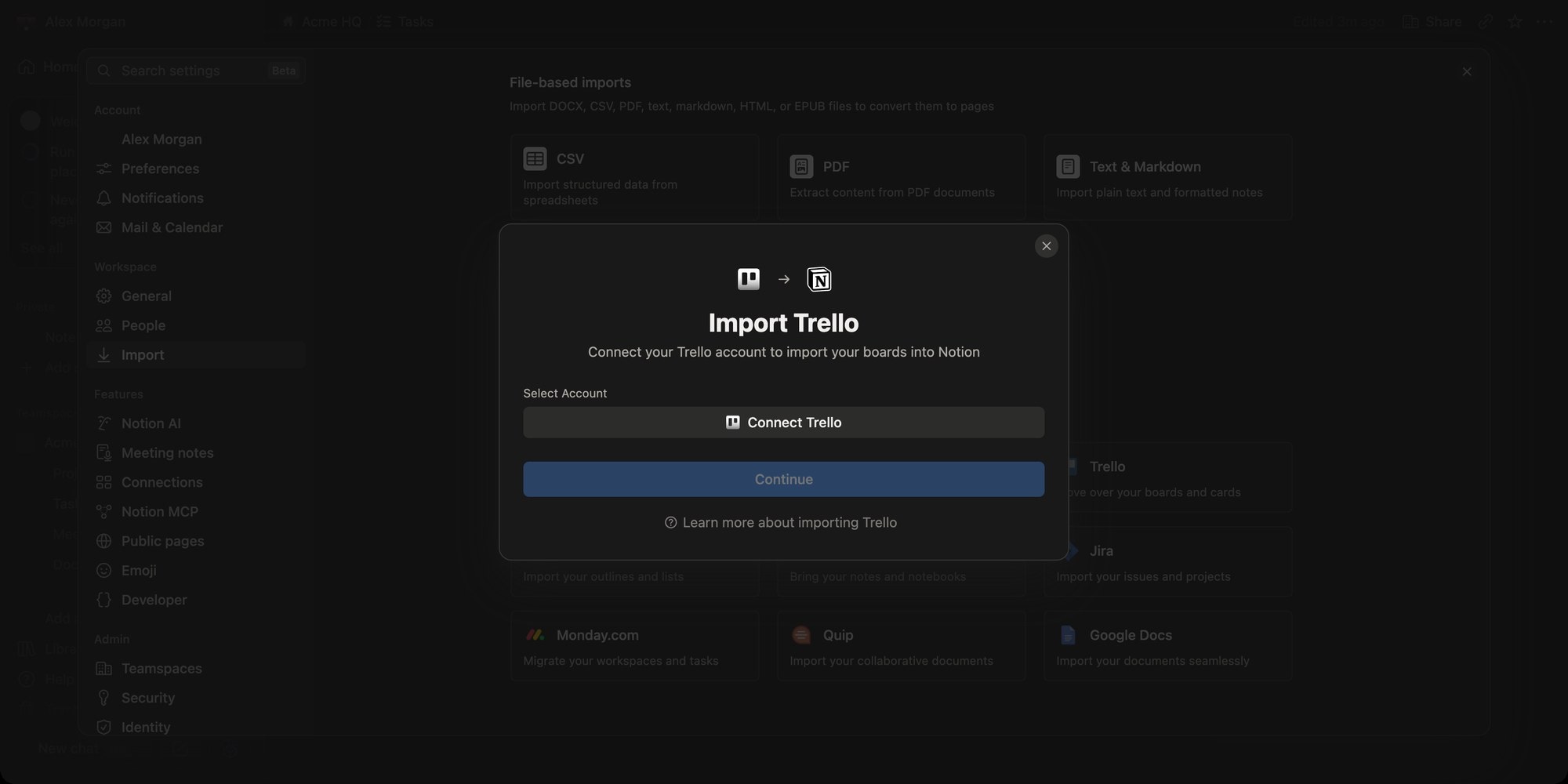 Notion Import Trello dialog with a Connect Trello button to import boards into Notion