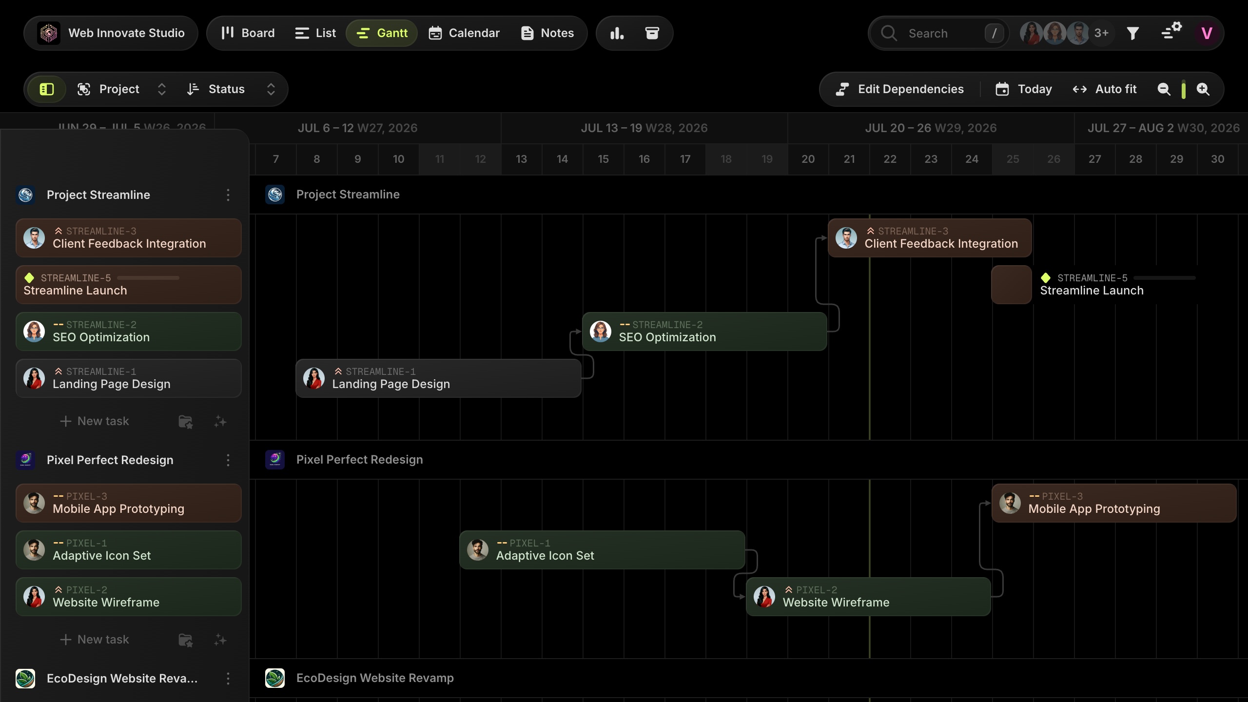 t0ggles Gantt chart with task dependencies
