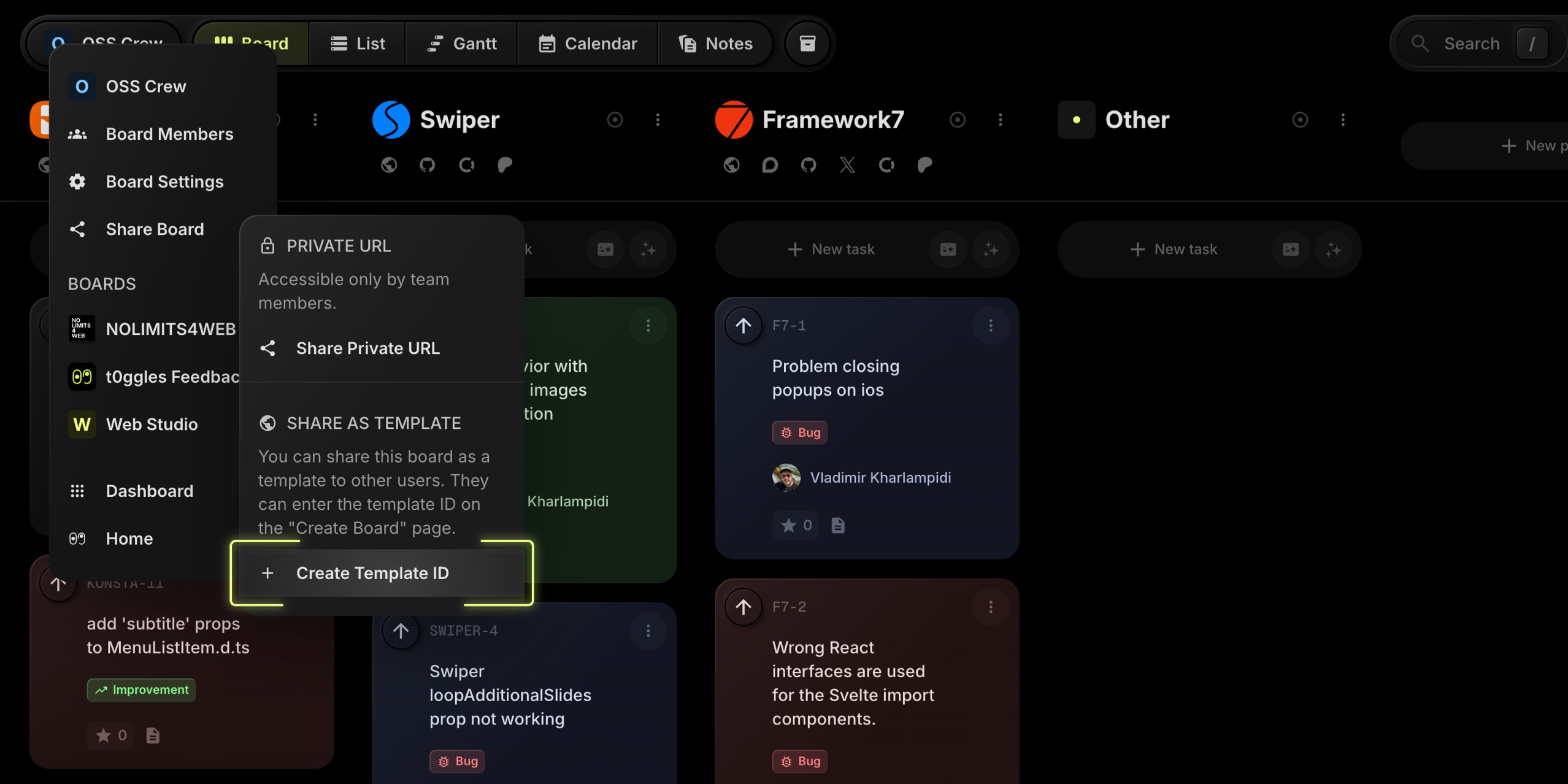 share board as template create template id