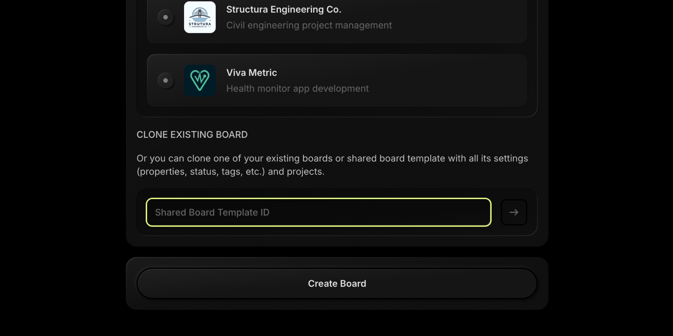share board as template paste template id